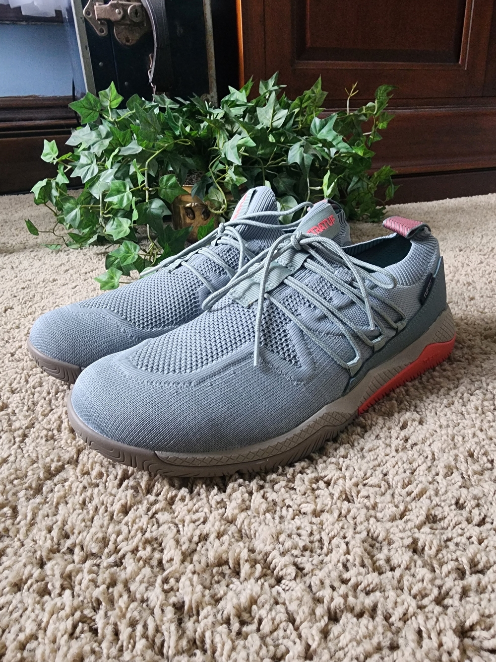 Women's Waterproof Athletic Knit Trainer in Light Gray with Coral Accent